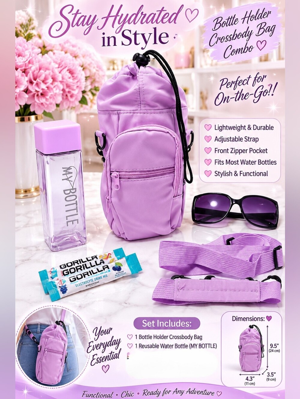 LILAC BOTTLE HOLDER CROSSBODY BAG SET - WATER BOTTLE "NEW"